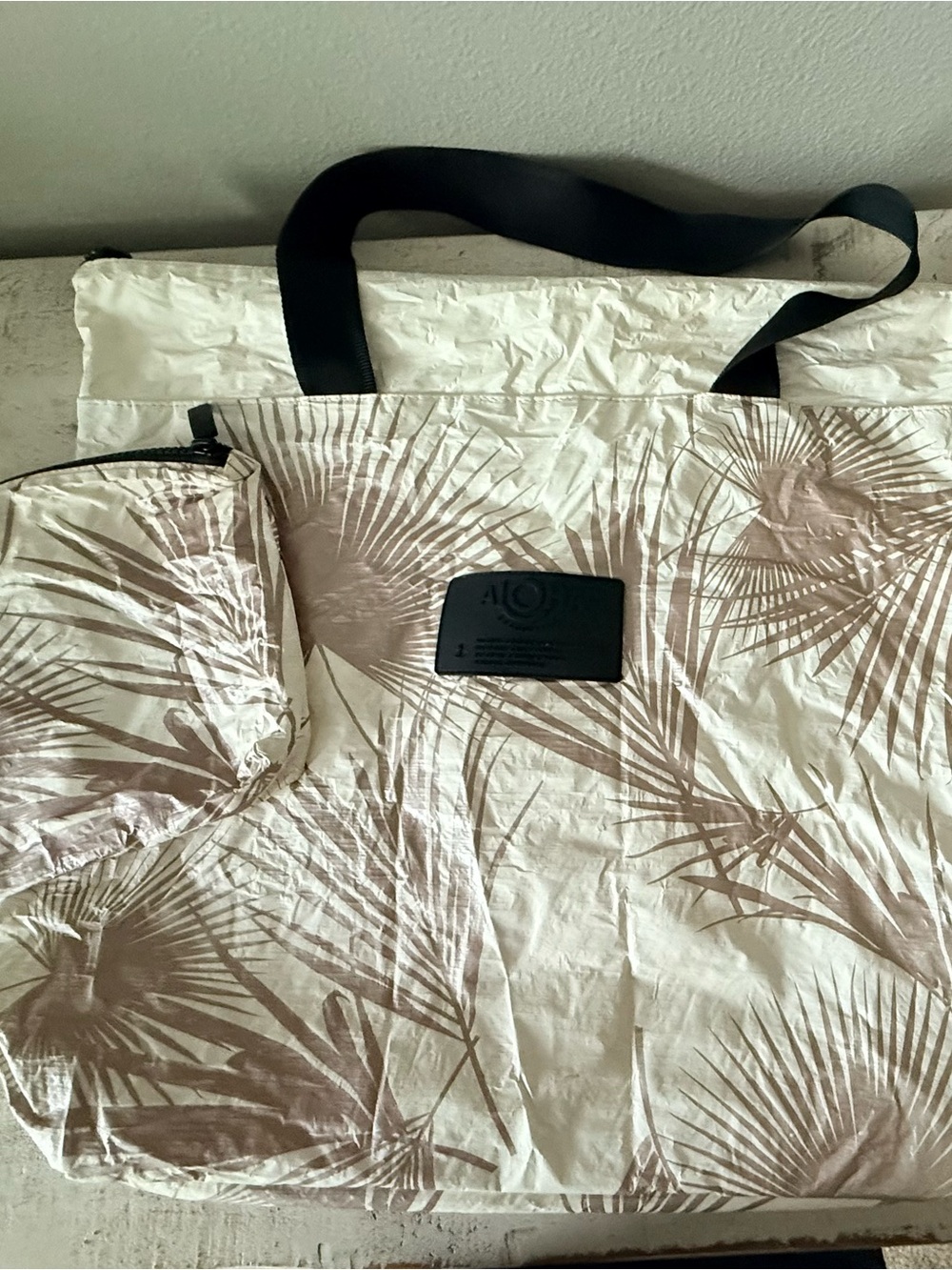 ALOHA Collection Neutral Palm-Print Tote with Black Straps